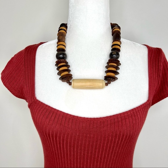 Wooden Beaded Necklace Boho Tribal Bohemian Statement Boho Wood 10 Inches - Picture 3 of 14